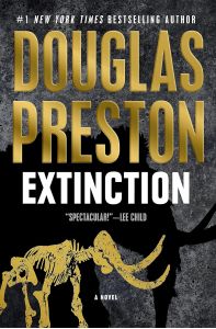 Cover of Extinction. Dark gray background, with a dinosaur skeleton in gold on the bottom of the cover. The shadow behind the skeleton is what the dinosaur would have looked like in life.