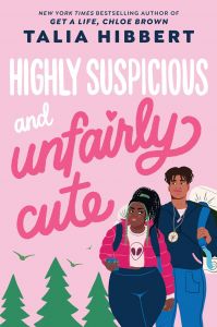Cover of Highly Suspicious and Unfairly Cute. Pink background, with green trees and birds. Couple is carrying backbacks and wearing clothes for hiking. They both are giving each other the side-eye.