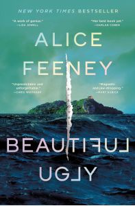 Cover of Beautiful Ugly. Photo of a small island surrounded by very choppy water. There is one lone house on the island. There is a tear in the middle of the cover, and the title is at the bottom. On the left side of the tear, the letters of the title are correct, while on the right side of the tear, the letters are their mirror image.