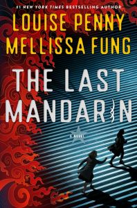 Cover of The Last Mandarin. Red waves/flames that often appear in Chinese art are on the left of the cover. They seem to be chasing two women, who are hurrying off to the right. The person in the back is reaching out, trying to reach the person in the front. They are on stairs, and you can see their shadows.