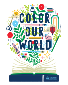 SRP Logo - Color Our World. Book pile on bottom, with open book on top. Coming out of the book are the words, as well as graphics - books, ink, flowers, sun, scissors, butterfly, paint brush, pencil, rainbow, hot air balloon, bird, etc.