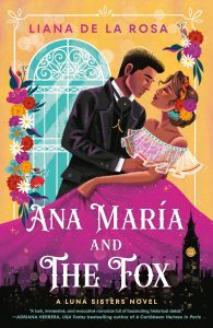 Cover of Ana Maria and The Fox. Bottom of cover is a night cityscape. Top 2/3rds of cover is a Hispanic couple in formal clothing. The man is slightly dipping the woman, both of their eyes are closed, and they look like they are about to kiss. There also are flowers and a beautiful window around/behind them.